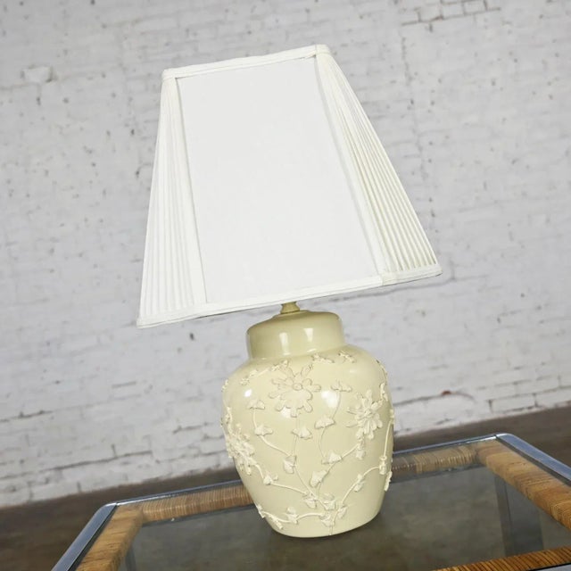 Fabulous vintage chinoiserie ceramic latte colored ginger jar lamp with frosting design & an angular cut off pleated...
