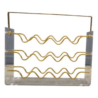 Vintage Acrylic Glass and Brass Magazine Holder, 1970s For Sale