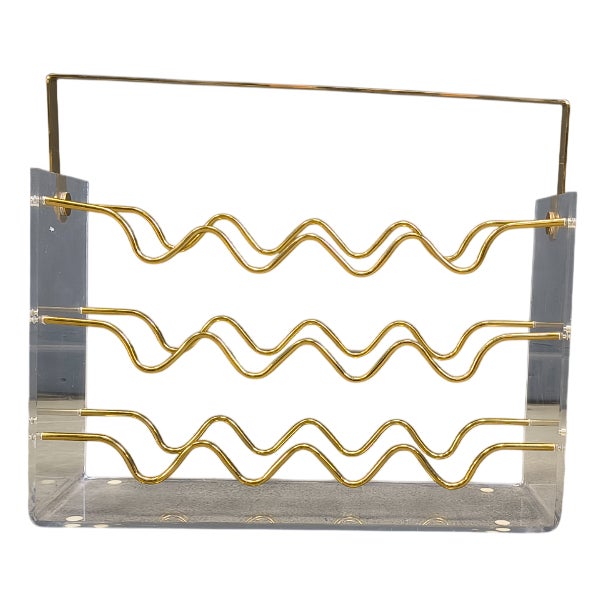 Vintage Acrylic Glass and Brass Magazine Holder, 1970s For Sale