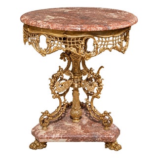 French Rococo-Style Accent Table – Coral Marble Top With Ornate Bronze & Gold Details For Sale
