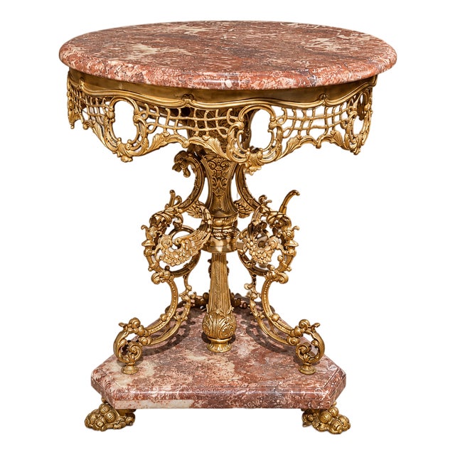 French Rococo-Style Accent Table – Coral Marble Top With Ornate Bronze & Gold Details For Sale