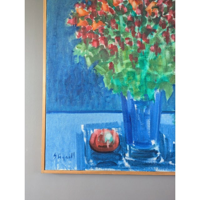 Textile Mid-Century Modern 'Floral by Blue' Vintage Original Swedish Still Life Oil Painting, Framed For Sale - Image 7 of 11