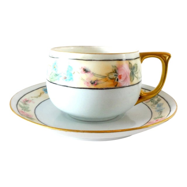 Antique 1920s Noritake Pale Blue Forget-Me-Nots and Pink Roses Porcelain Tea Cup and Saucer For Sale
