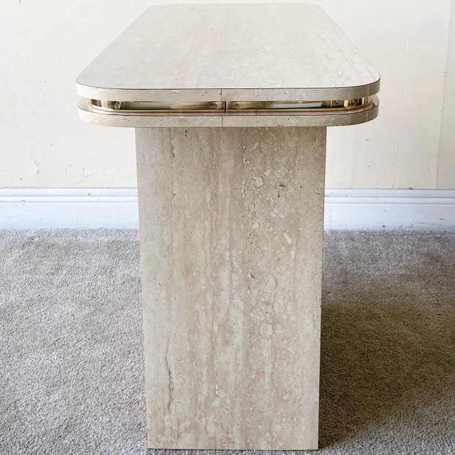 Postmodern Faux Travertine Laminate Console Table With Gold Trim For Sale - Image 4 of 7