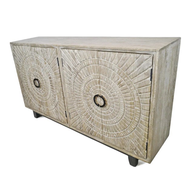 Contemporary Washed Double Medallion Carved Wood Credenza For Sale - Image 3 of 12