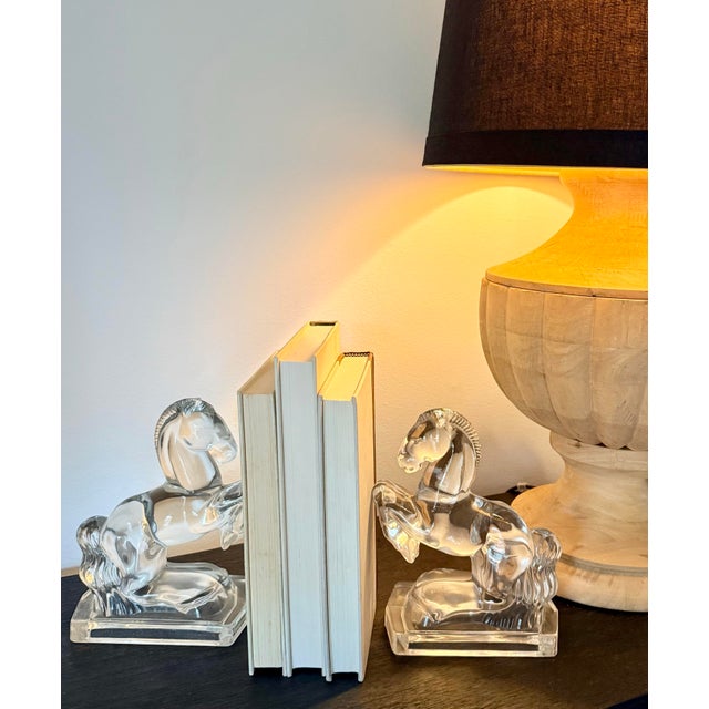 A Pair of Mid-Century Modern Art Deco L.E. Smith, Glass Horse Bookends, Circa 1940. These bookends feature noble, rearing...