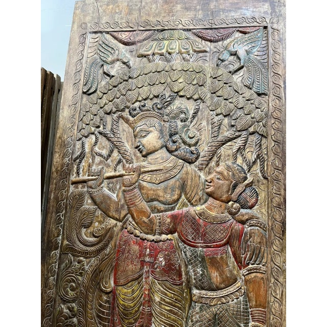 Brown Vintage Radha Krishna Carved Wall Panel – Colorful Indian Art Barn Door Décor 96x40 For Sale - Image 8 of 10