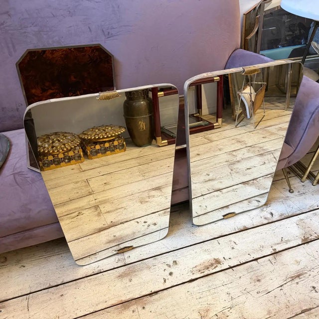 Two 1950s Gio Ponti Style Mid-Century Modern Wood and Brass Wall Mirrors For Sale - Image 10 of 16