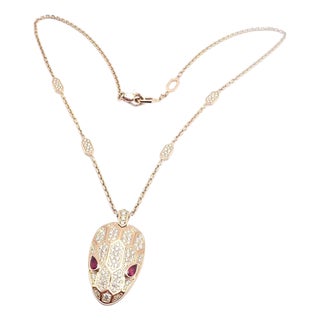 Bulgari Serpenti Pave Diamond Rubellite Rose Gold Large Pendant Necklace For Sale