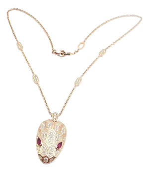 Bulgari Serpenti Pave Diamond Rubellite Rose Gold Large Pendant Necklace