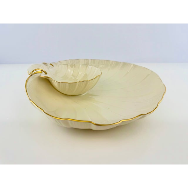 Ceramic Vintage Lenox Ivory Porcelain Shell Serving Platter With Gold Trim and Dip Bowl For Sale - Image 7 of 12