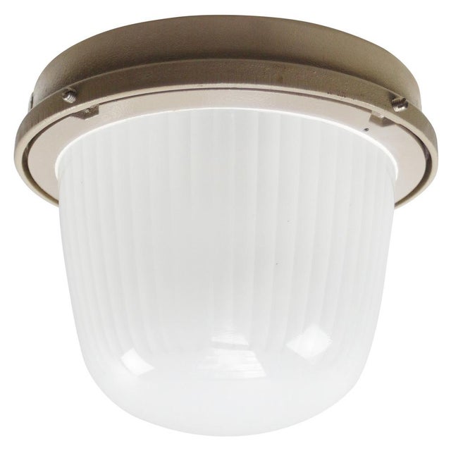 Industrial Vintage Industrial French Beige Cast Iron and Frosted Cut Glass Flush Mount by Holophane For Sale - Image 3 of 8