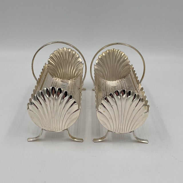 Silver Mid-Century English Silverplate Scallop Shell Cracker Server Baskets or Biscuit Troughs - Set of 2 For Sale - Image 8 of 11