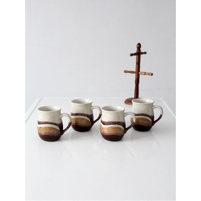 Brown Vintage Handmade Studio Pottery Mug Set With Wooden Stand - Set of 5 For Sale - Image 8 of 17