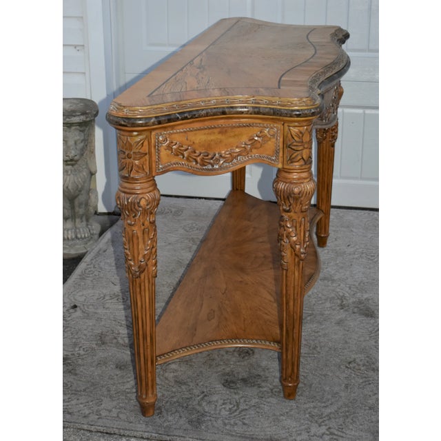 Vintage Ornate Carved & Inlaid Tuscan Style Marble Trimmed Console Table W/Shelf For Sale - Image 11 of 12
