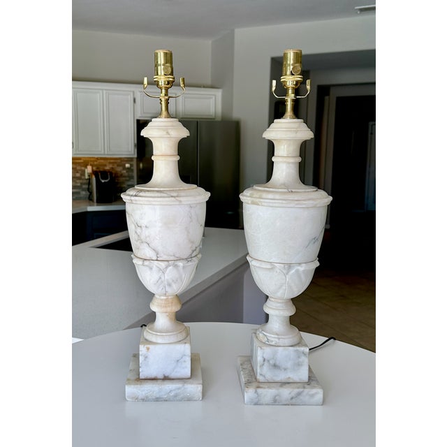 Large Pair Italian Column Neoclassical Alabaster Table Lamps For Sale - Image 16 of 16