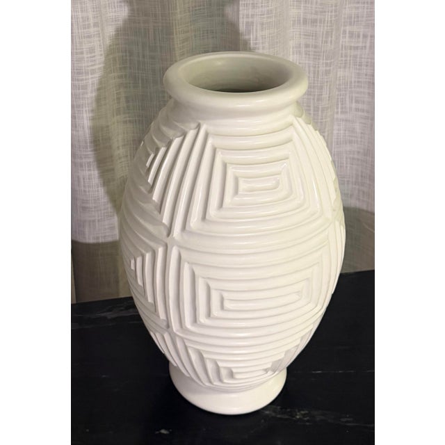 White Global Views Monumental Sculptural White Ceramic Vase, Geometric Relief, 23” For Sale - Image 8 of 10