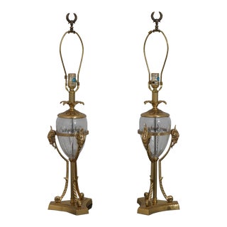 Pair Rams Head Brass & Crystal Regency Lamps For Sale