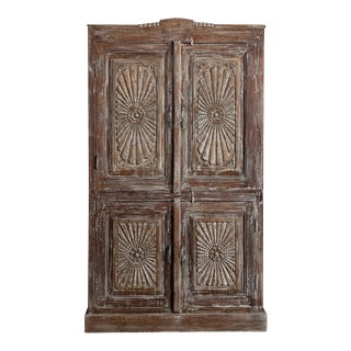 Antique Hand-Carved Rustic Armoire With Brass Stud Detailing – Vintage Statement Cabinet 76x43 For Sale