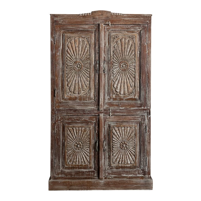 Antique Hand-Carved Rustic Armoire With Brass Stud Detailing – Vintage Statement Cabinet 76x43 For Sale