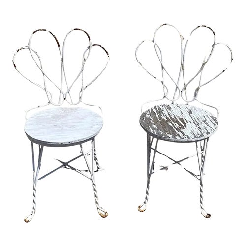 Antique French Bistro Twisted Wrought Iron Ice Cream Parlor Chairs - a Pair