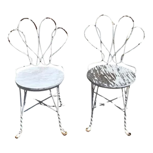 Antique French Bistro Twisted Wrought Iron Ice Cream Parlor Chairs - a Pair