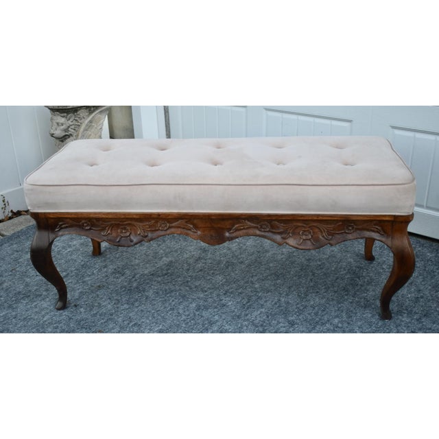 French Country Window Bench Vintage Tufted Upholstered Carved End Stool For Sale - Image 10 of 15