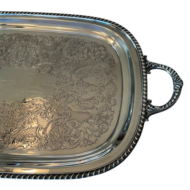 Metal Mid Century Wallace Silverplate Engraved Serving Tray With Handles, 23.5” For Sale - Image 7 of 16