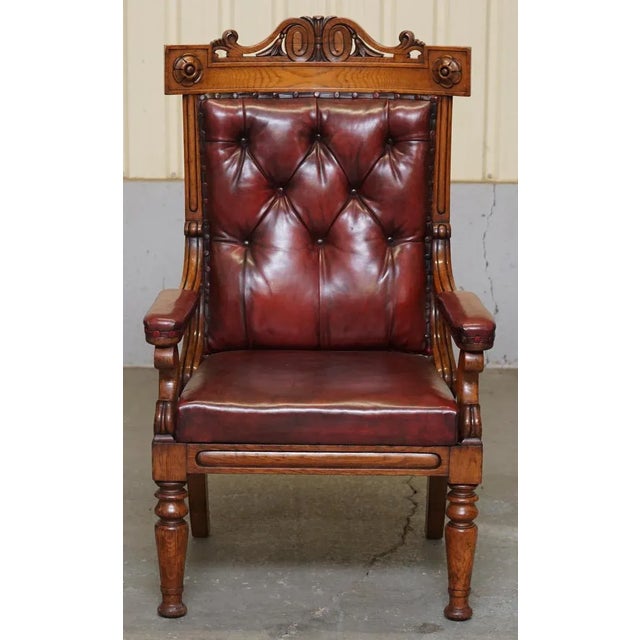 stunning original Royal Estate stamped oxblood leather and oak circa 1840 throne armchair A very good looking well made...
