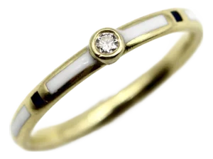 18k Gold Black and White Enameled Ring With Diamond Accent, Size 6.5