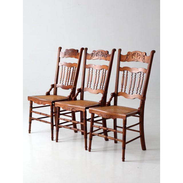 Wood Antique Eastlake Revival Cane Seat Dining Chairs Set of 3 For Sale - Image 7 of 16