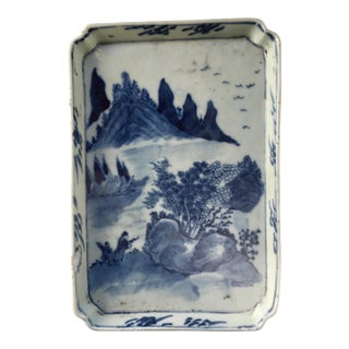 1950s Blue & White Ceramic Scenic Brush-Painted Rectangular Chinese Tray - For Sale