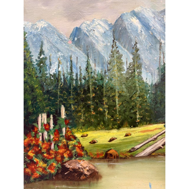 1970s Original Mountain Lake Landscape Painting by Larue For Sale - Image 4 of 9