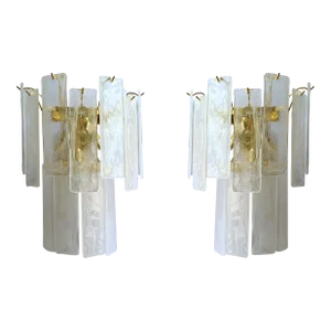 Set of Two Contemporary Venied-White "Alabastro" Listelli Murano Glass Wall Sconces