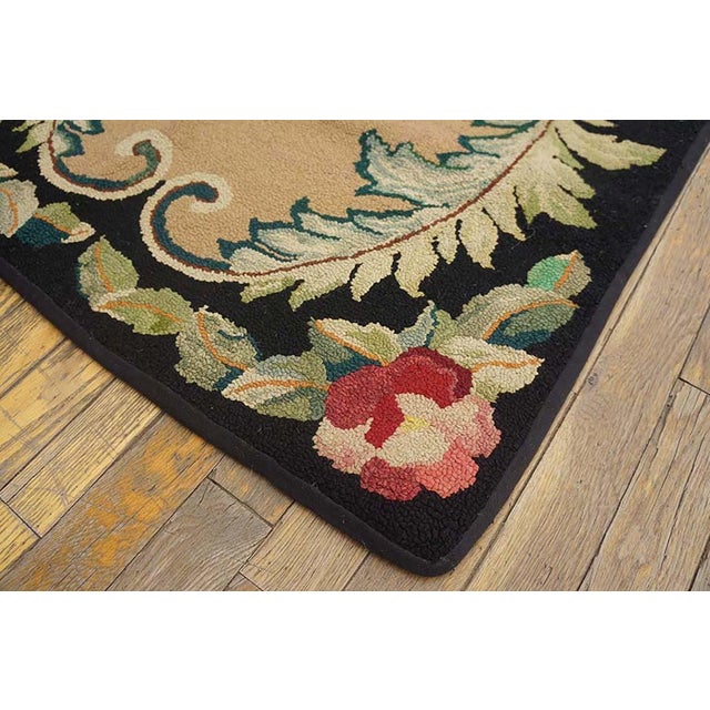 Early 20th Century 1930s Tan Camel Floral Medallion Antique American Hooked Rug 2'7" X 4'2" Handwoven Wool Carpet For Sale - Image 5 of 5
