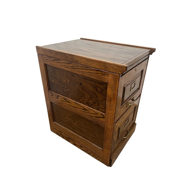 1980s Vintage Tiger Oak File Cabinet Two Drawers One Locks Paneled Sides Legal Size For Sale - Image 5 of 13