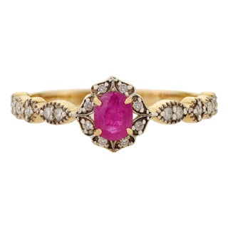 Oval Cut Ruby & Diamond Floral Halo Vintage Ring Size 4 in 14k Yellow Gold For Sale