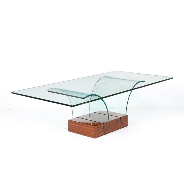 Brown Mid-Century Modernage Curved Glass Cocktail Table W/ Rectilinear Walnut Base For Sale - Image 8 of 14