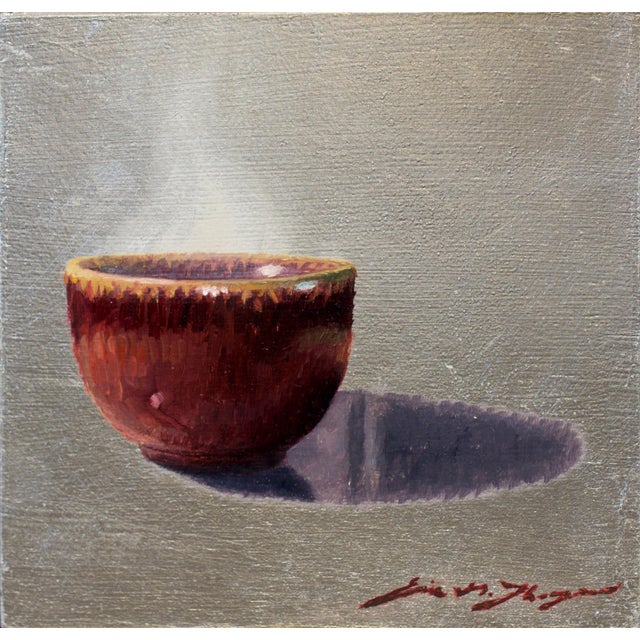 This artwork features a simple yet elegant bowl, with a rich, warm surface that reflects light in a captivating manner....