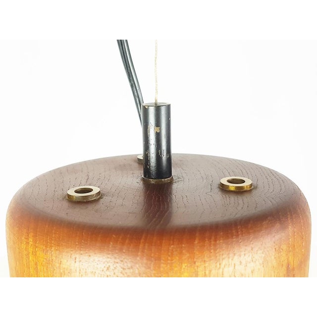 Metal Opaline Glass, Brass and Teak Pendant Lamp in the style of Arredoluce, 1950s For Sale - Image 7 of 10