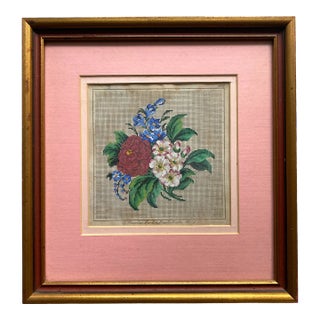 Framed Late 19th Century German Hand-Colored Engraving of Needlepoint Canvas Pattern Hydrangea, Snapdragon and Rose of Sharon For Sale