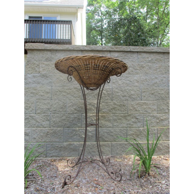 Mediterranean Tall Vintage Wrought Iron Metal and Wicker Rattan Plant Stand or Jardiniere For Sale - Image 3 of 13