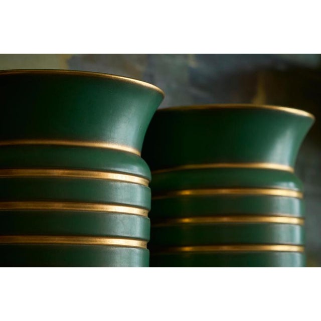 Art Deco Green and Gilt Vases from Villeroy & Boch, Luxembourg 1930s, Set of 2 For Sale - Image 3 of 10