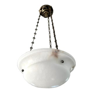1940s French Alabaster Pendant Ceiling Light With Antique Bronze Fittings For Sale
