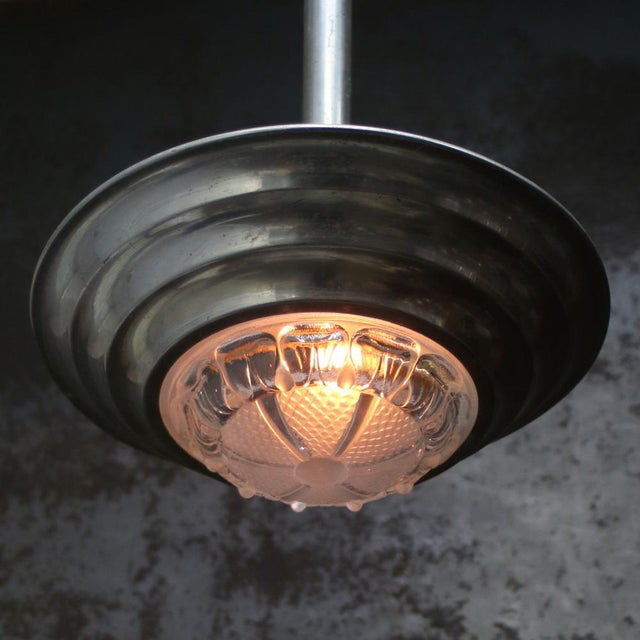 Art Deco French Silver and Clear Ribbed Glass Ceiling Lamp For Sale - Image 4 of 7