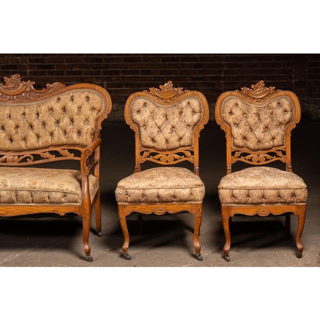 Wood Late 19th Century Victorian Eastlake Carved Oak Parlor Suite – 6 Piece Set For Sale - Image 7 of 18
