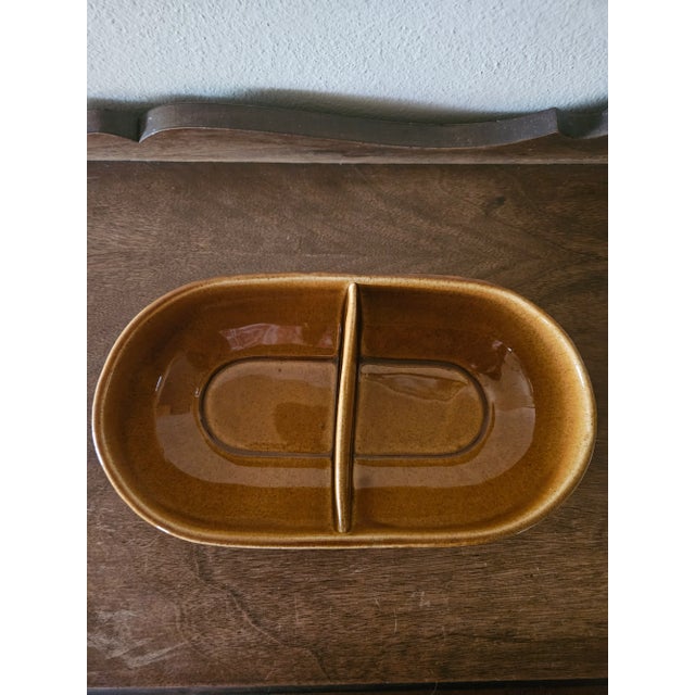 Mid-Century Modern McCoy divided ceramic oval dish in a camel brown color. Unique design that would make a lovely table...