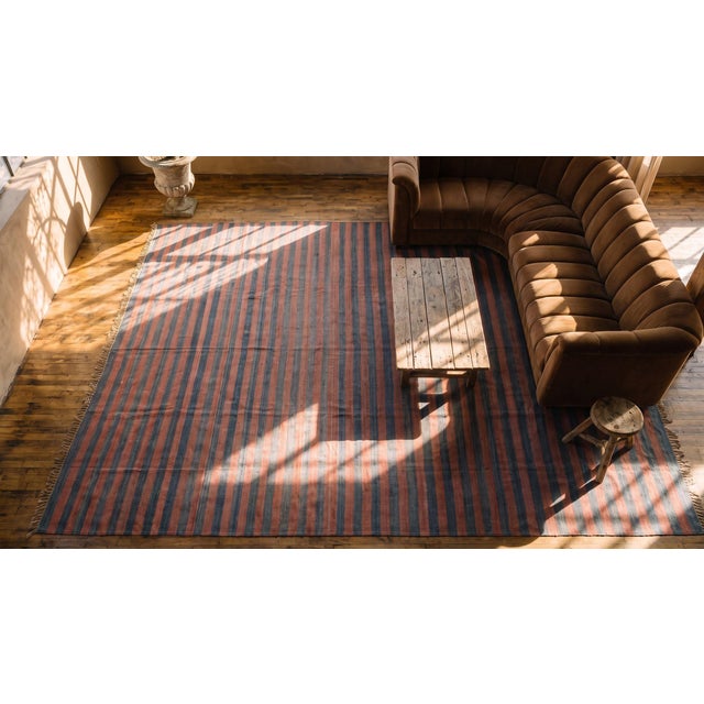 Handmade Raspebery Pink and Blue Stripe Pattern Dhurrie Style Antique Indian Cotton Rug For Sale In New York - Image 6 of 8