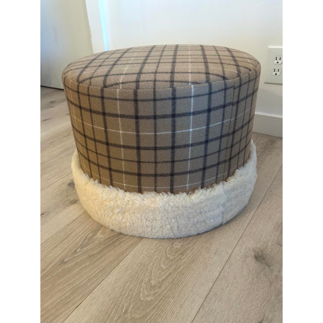 Contemporary Custom Upholstered Ottoman in Wool & Sheepskin For Sale - Image 3 of 3