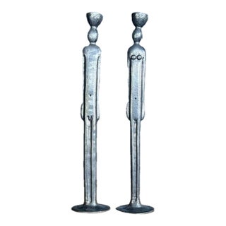 1980s Pair of Modernist Figural Candlesticks, Silver-Toned Cast Metal, Male & Female For Sale